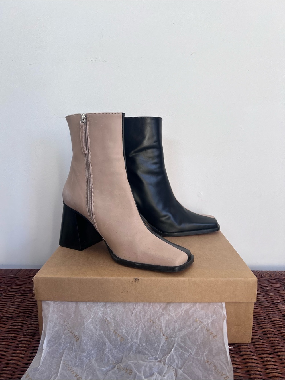 ALOHAS Two-Tone Square Toe Block Heel Ankle Boots — Black & Beige
